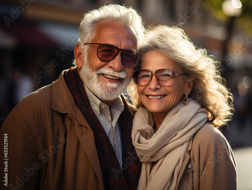 Elderly happy couple hugging outdoors
