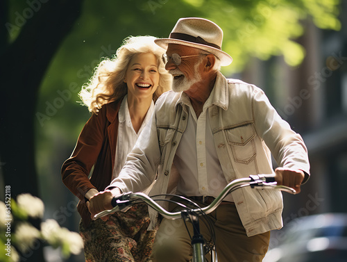 Elderly couple on bicycle. Sports life, eco-friendly lifestyle © matucha12