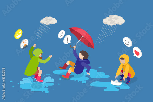 3D Isometric Flat Vector Conceptual Illustration of Walking Outdoors In Rain, Fun on Rainy Day