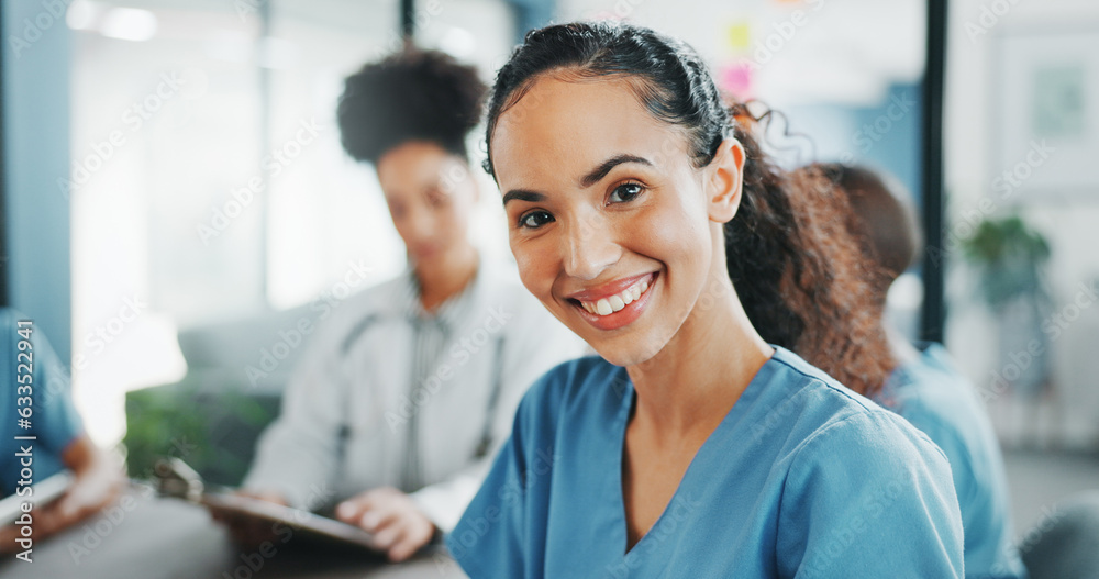 Worker, face or nurse in hospital meeting for medical student, life ...