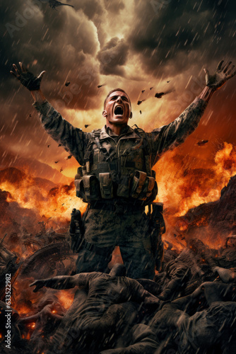 Modern soldier  in tattered camouflage uniform  screaming in agony at the sky