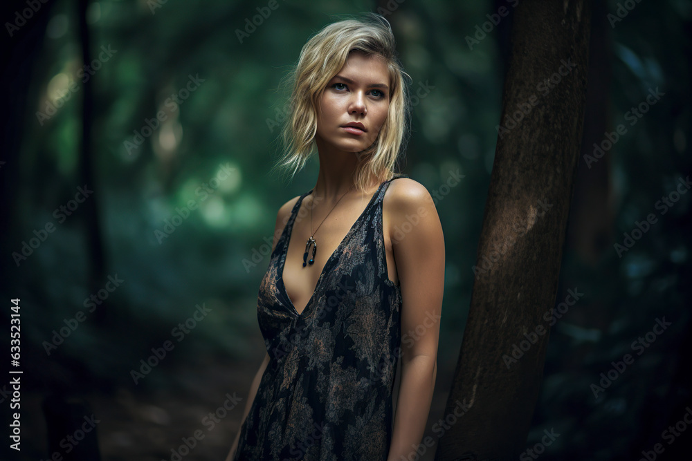 Naklejka premium Golden Elegance: Captivating the Twilight Essence with a Gorgeous Blonde Woman in a Revealing Dress, ai generative