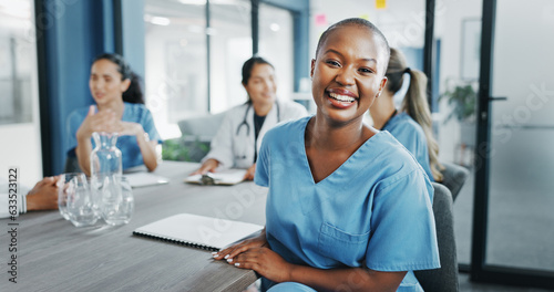Black woman, face or nurse in hospital meeting for medical planning, life insurance medicine or treatment training. Smile, happy and healthcare worker portrait in teamwork, collaboration or diversity