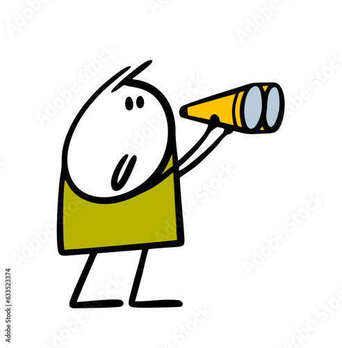 Cartoon inquisitive child holds binoculars in his hand and looks into the distance. Vector illustration of a happy observer with an optical device.