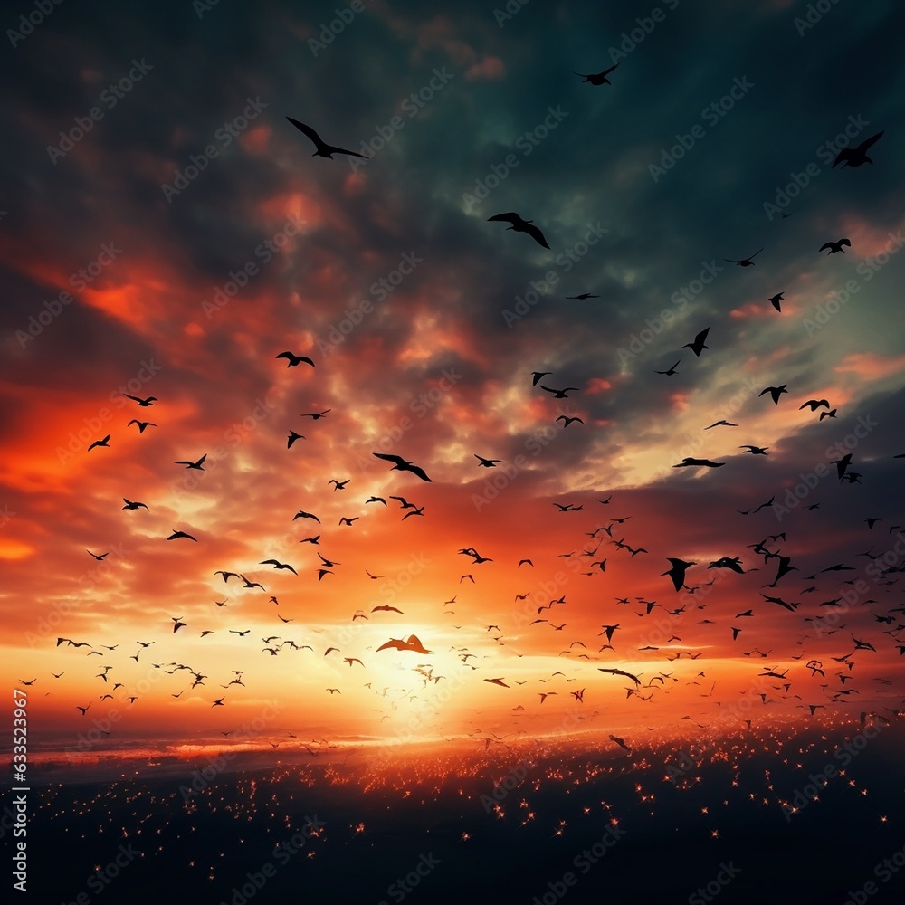 Dramatic flock of birds flying in the sunset