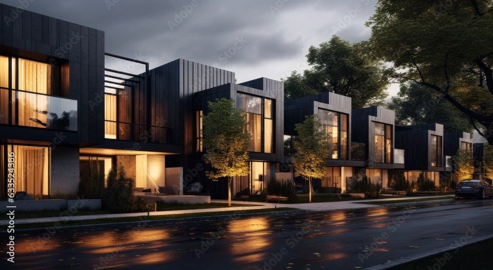 Modern condo townhouses in evening Modern condo townhouses in evening