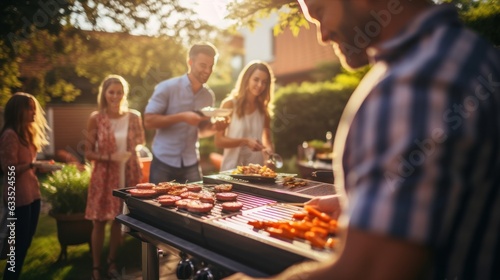 Young family is grilling at the barbecue