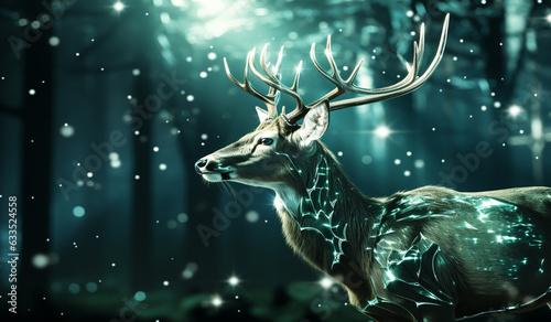Bright christmas landscape with illuminated deer closeup. AI generated