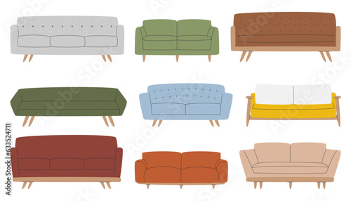 Trendy sofa collection isolated on white. Living room different cushions in mid-century style. Various retro armchairs of 50s. Cozy divans of 60s. Modern couch set hand drawn flat vector illustration