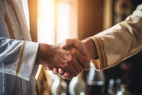 Successful Arabic business people shaking hands over a deal photo