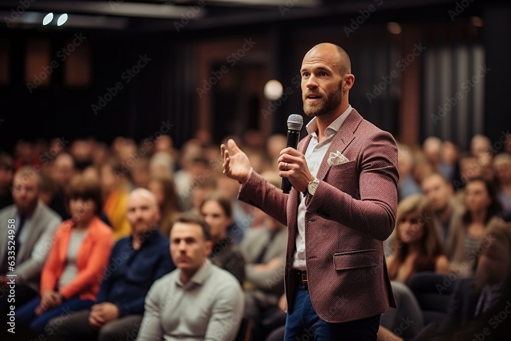 Male motivational speaker on stage in front of audition having presentation. - obrazy, fototapety, plakaty 