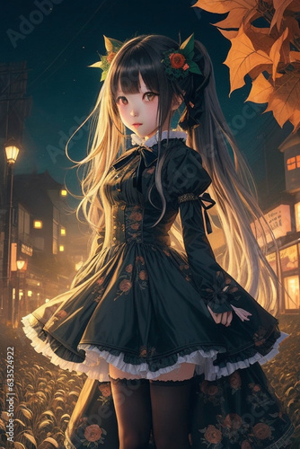 Trick-or-Treat Charm, Anime Girl in Halloween Dress with Ribbon