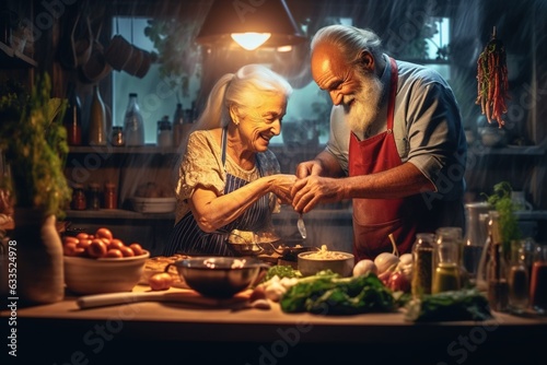 Senior couple preparing dinner in the kitchen. © Bojan