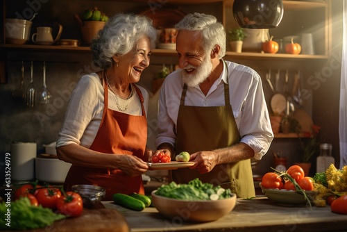Senior couple preparing healthy food in the kitchen.
