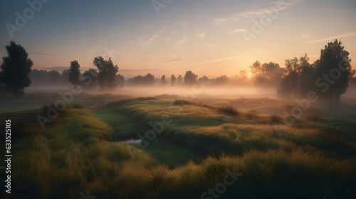 Morning dew on clearing: fog and dusk over green wild grass fields covered by trees under rising sun