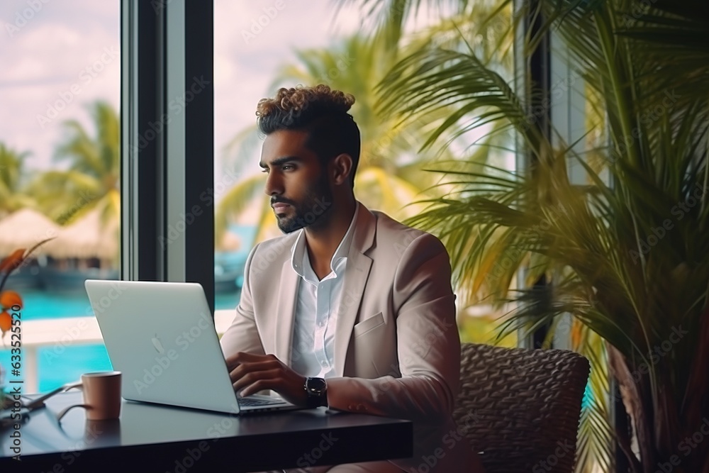 Successful handsome male businessman working on laptop while sitting at restaurant with the tropical beach the background. Remote work. Freelancer. Successful handsome male businessman working on laptop while sitting at restaurant with the tropical beach the background. Remote work. Freelancer.