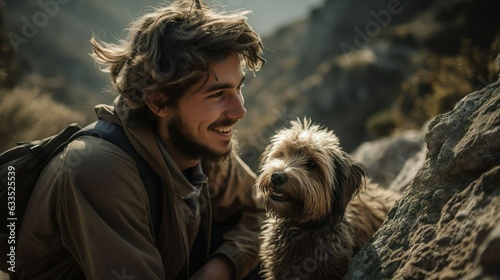 Smiling man guy tourist with the backpack and a dog on top of a mountain admiring the view. Travel adventure tourism concept. © Irina