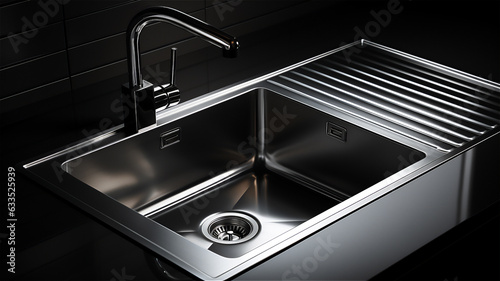 Black stainless steel kitchen sink with stainless steel faucet in minimalist simple design closeup, created with Generative AI Technology.