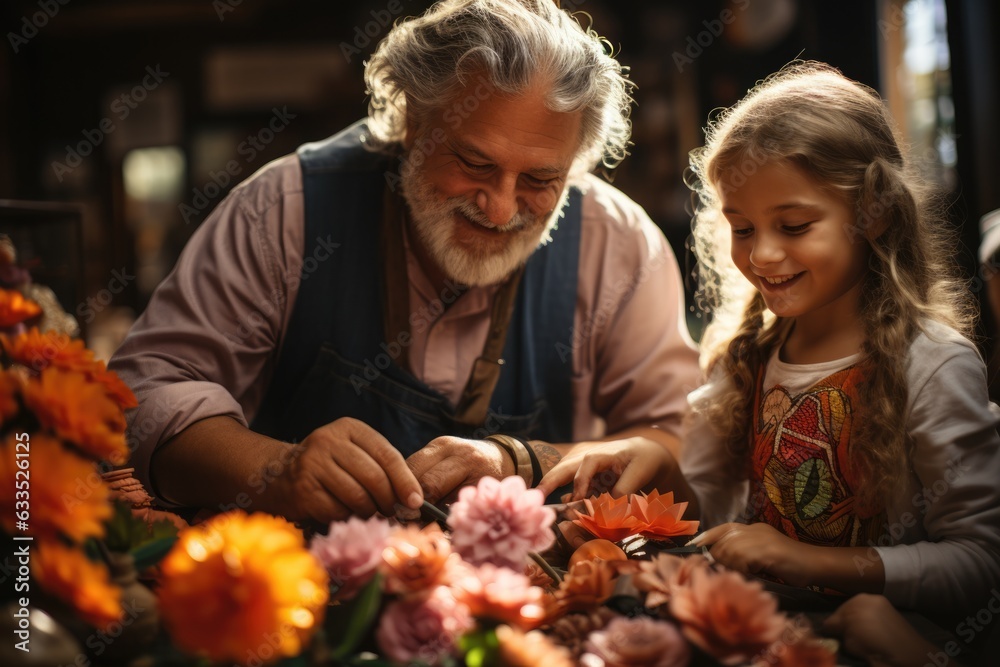 Grandparents crafting with their grandchildren - stock photography