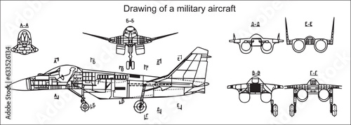 Vector drawing of a military aircraft. 
General view of a war plane fighter bomber. 
Front view and cut. Cad scheme. 