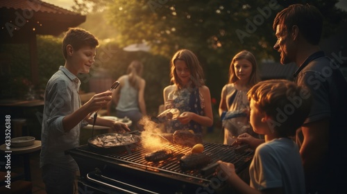 Young family is grilling at the barbecue