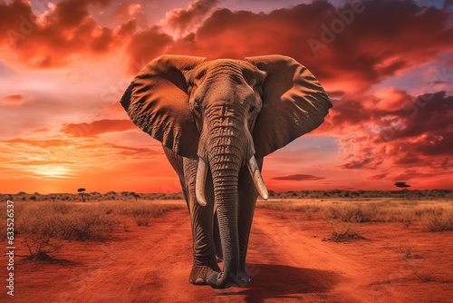 Elephant on beautiful red sunset in natural environment.
