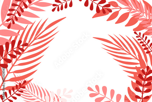 Vector  in trendy flat and linear style - abstract simple background in trendy living coral color with leaves and plants and copy space for text - floral banner, cover design, poster