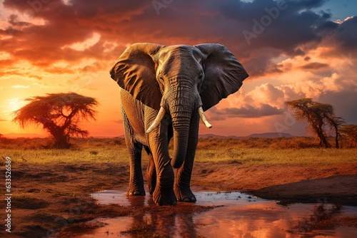 Elephant on beautiful sunset in natural environment.