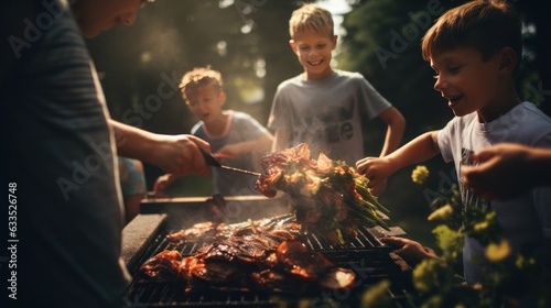 Young family is grilling at the barbecue