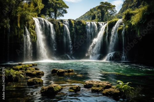 Waterfall amidst lush scenery - stock photography