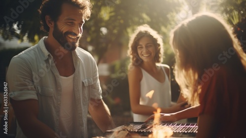 Young family is grilling at the barbecue