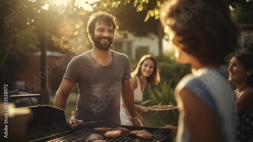 Young family is grilling at the barbecue