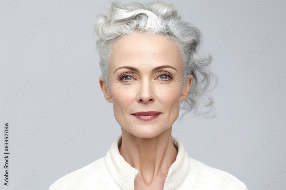 Headshot portrait of gorgeous middle aged mature woman. Female senior between 50 and 60 years old looking at camera.