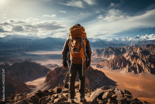 Backpacker hiking along a breathtaking ridge - stock photography