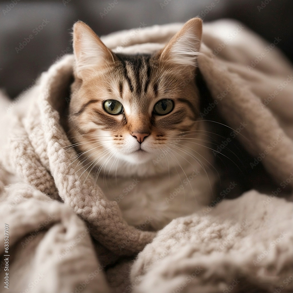 Portrait of a cat wrapped in a warm woolen blanket during the cold. Close-up portrait