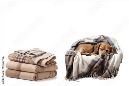 The dog sleeps covered with a woolen blanket, warming itself from the cold, copy space, white background.