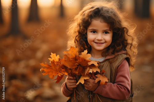 little girl holding a bunch of maple leaves in her hands at the park during a beautiful autumn day  fall season is here
