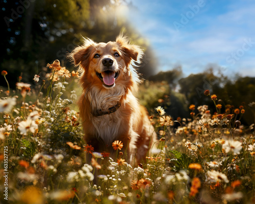 Happy dog walks in the yard of a country house