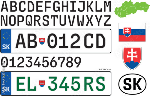 Slovakia Republic car license plate style 2023 with new font, letters, numbers and symbols, vector illustration, European Union