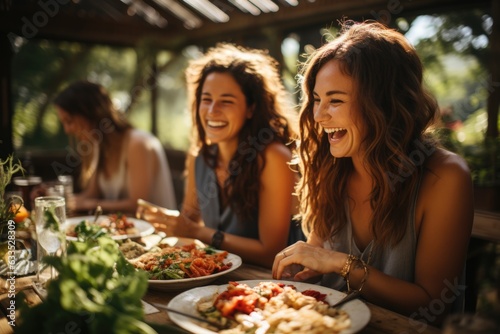 Friends laughing and sharing food at a summer picnic - stock photography