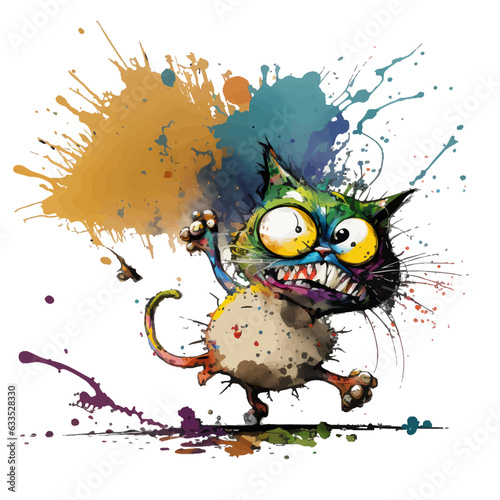 A Vibrant, Madcap Cat Portrait Bursting with Color and Quirky Personality in a Whimsical, Offbeat Illustration. photo