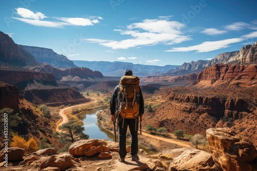 Hiker observing a stunning canyon - stock photography