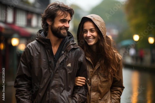 In-love couple taking a stroll in the rain - stock photography