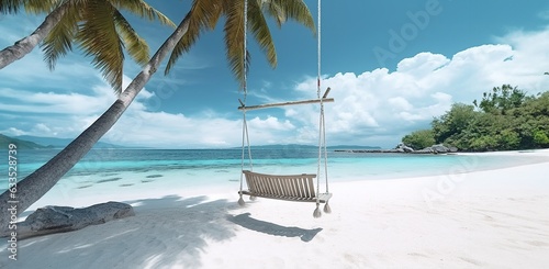 Fototapeta Naklejka Na Ścianę i Meble -  Tropical beach panorama as summer relax landscape with beach swing or hammock hang on palm tree over white sand ocean beach.