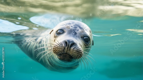  A seal swims in a pool of clean water, an animal of the seal family in captivity on rehabilitation in the reserve. common seals (Phoca).