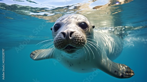  A seal swims in a pool of clean water, an animal of the seal family in captivity on rehabilitation in the reserve. common seals (Phoca). © Marynkka_muis