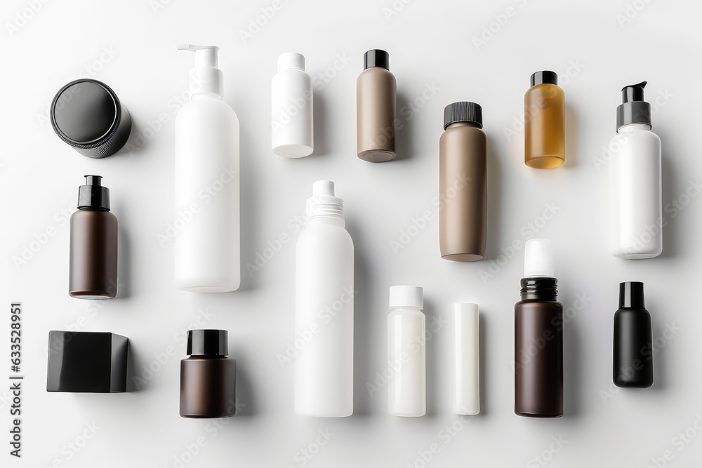 op view of different cosmetic bottles and container isolated on white background. Cosmetic package mockup set with clear design. op view of different cosmetic bottles and container isolated on white background. Cosmetic package mockup set with clear design.