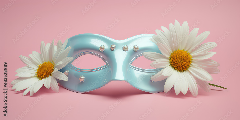 Venetian carnival mask with fresh spring flowers isolated on a flat background. Delicate pastel palette of pink and blue colors. Venetian carnival mask with fresh spring flowers isolated on a flat background. Delicate pastel palette of pink and blue colors.