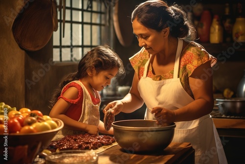 Photo Mother and child daughter preparing food together at kitchen.