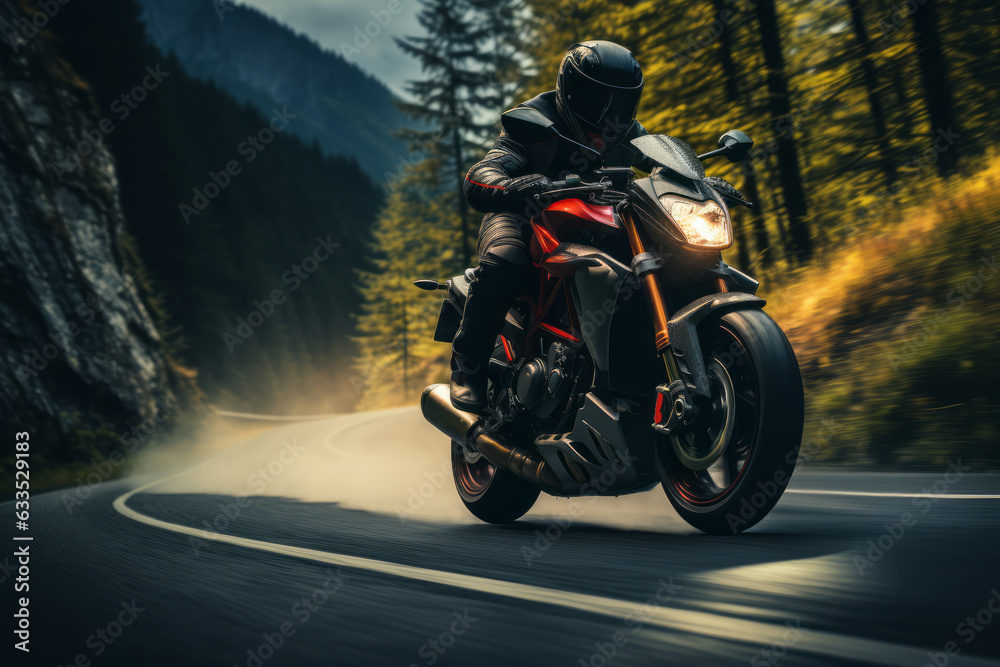 An image of a rider taking a motorcycle through a scenic mountain road, showcasing the harmony between man, machine, and nature.